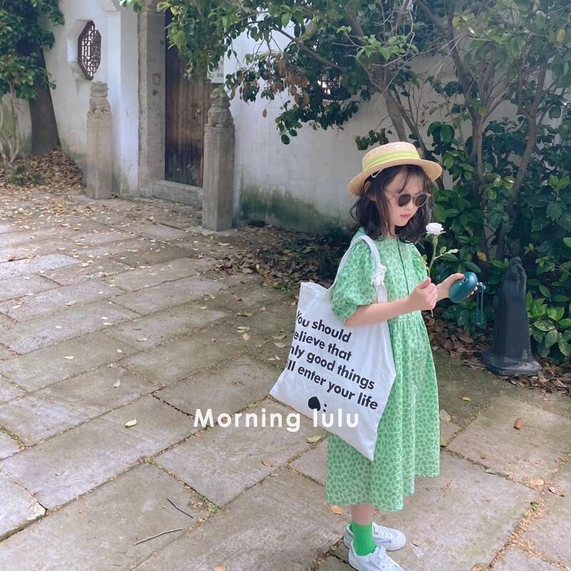 Đầm vải cotton tay phồng ngắn xếp ly họa tiết chấm bi phong cách Hàn Quốc thời trang mùa hè cho bé gái