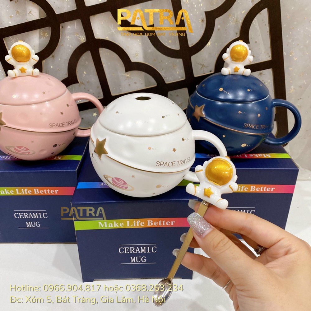 Cốc uống nước có nắp, ly sứ có nắp 3D phi hành gia tặng kèm thìa dung tích 400ml