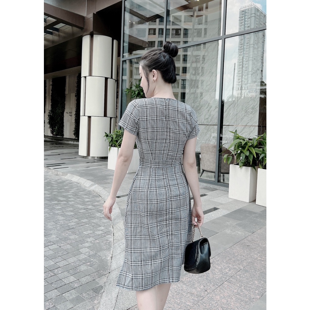 Đầm Caro chữ A phối 2 túi M08- Ladyfashion
