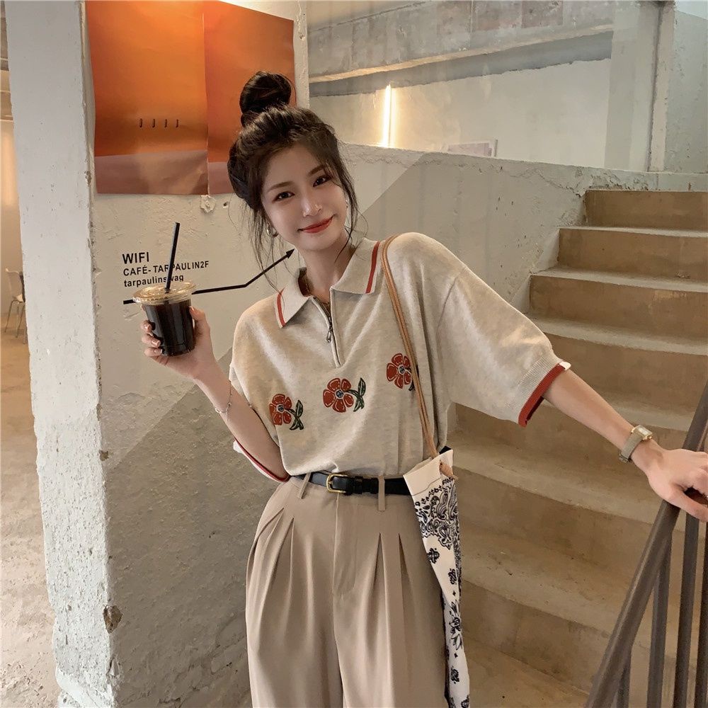 Áo thun polo PURE CUBE tay ngắn cổ đứng bẻ in họa tiết kẻ sọc và hoa phong cách Hàn Quốc retro đơn giản