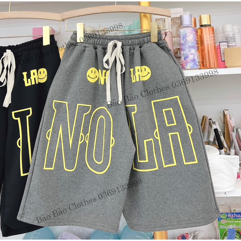 Quần Đùi Ngố Unisex Nam Nữ NOLA Chữ Vàng Chất Chân Cua Dáng Rộng  Thể Thao Hot Trend
