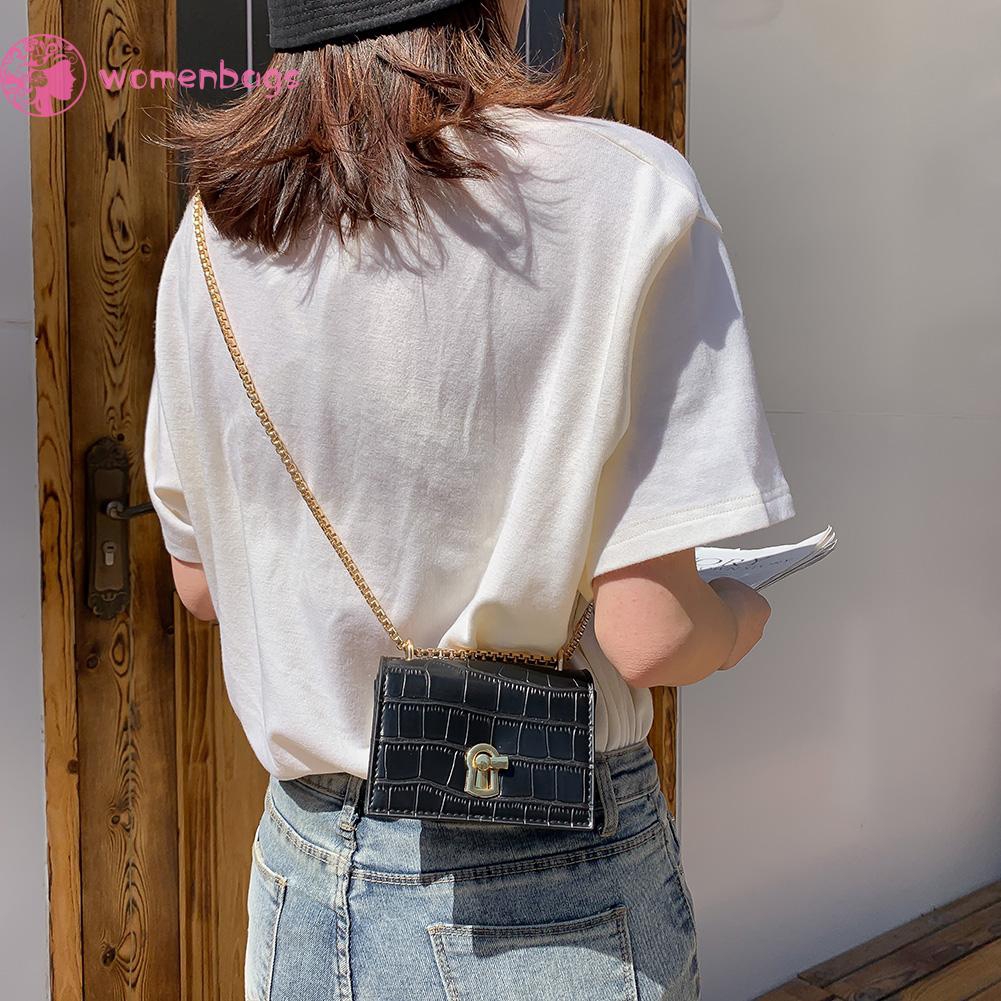Túi da PU mini đeo chéo màu trơn phối quai đeo mắt xích thanh lịch cho nữ