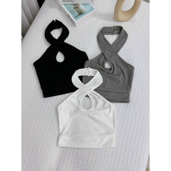 Áo yếm croptop chéo cổ giọt nước sang chảnh