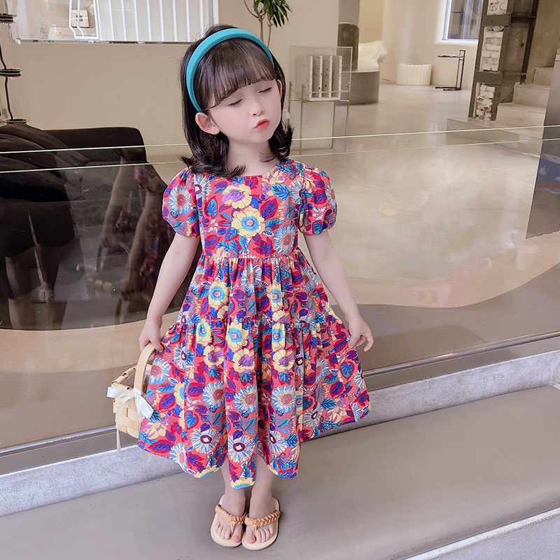 Váy bé gái có tay, hoạ tiết hoa to, dáng babydoll , thoáng mát, thấm hút mồ hôi tốt- M0051