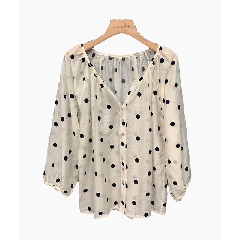 Áo Sơ Mi Tay Dài Cổ Chữ V Họa Tiết Chấm Bi Phong Cách Hàn Quốc Cổ Điển Thời Trang Mùa Hè Cho Nữ
