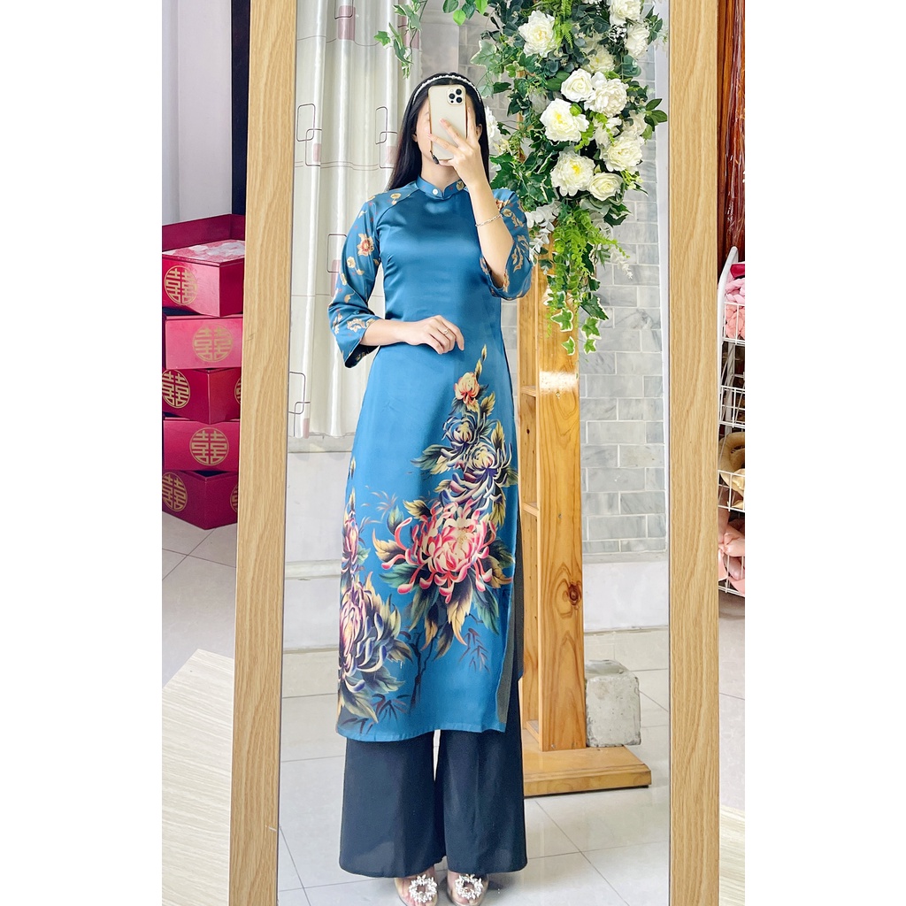 Áo dài Tết cách tân lụa TAY LOE in hoa Tết siêu xinh