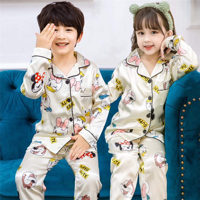 Bộ Đồ Ngủ Tay Dài Bằng Lụa In Hình Chuột Mickey Thời Trang Hàn Quốc Dành Cho Trẻ Em