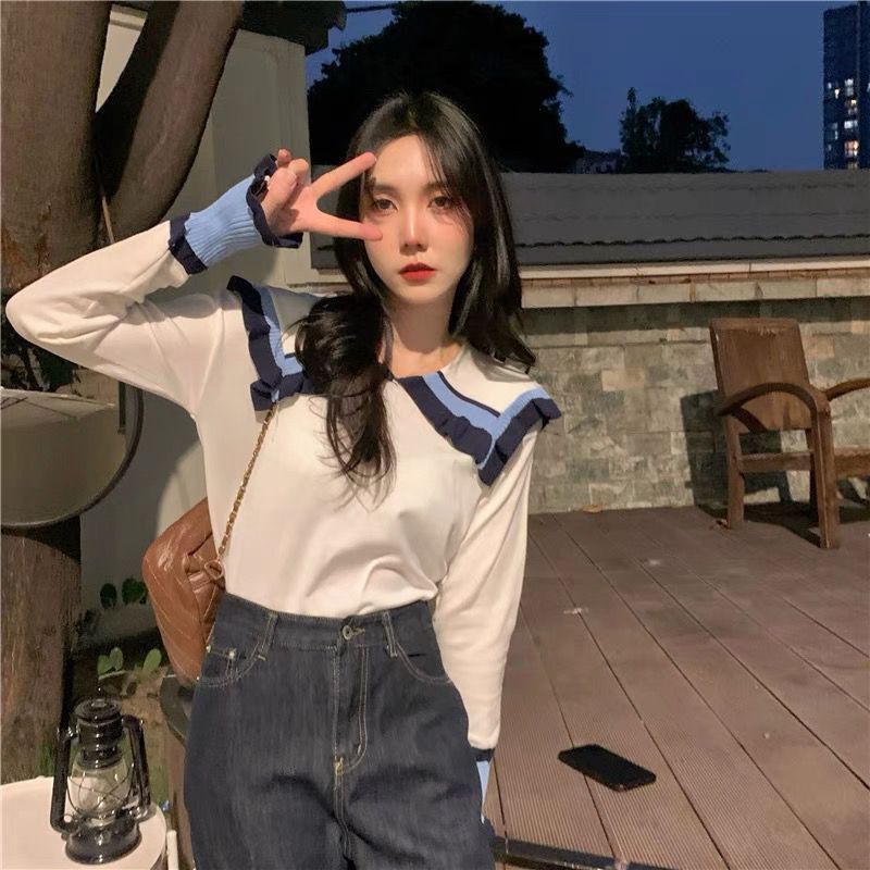 Áo dệt kim màu xanh navy phong cách retro Hàn Quốc cho nữ