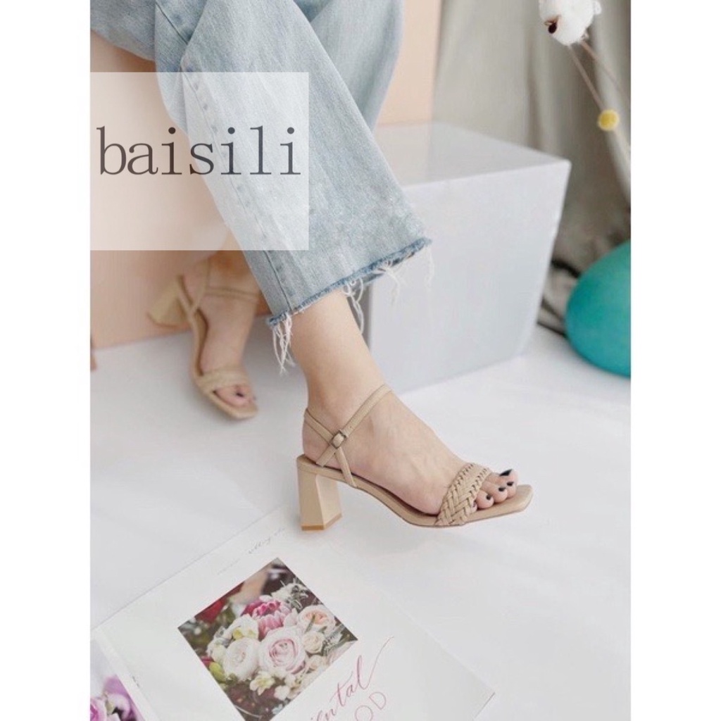 SANDAL CAO GÓT BAISILI - GUỐC NỮ THỜI TRANG ĐẾ VUÔNG - GIÀY QUAI NGANG ĐAN DÂY MŨI VUÔNG BG211213