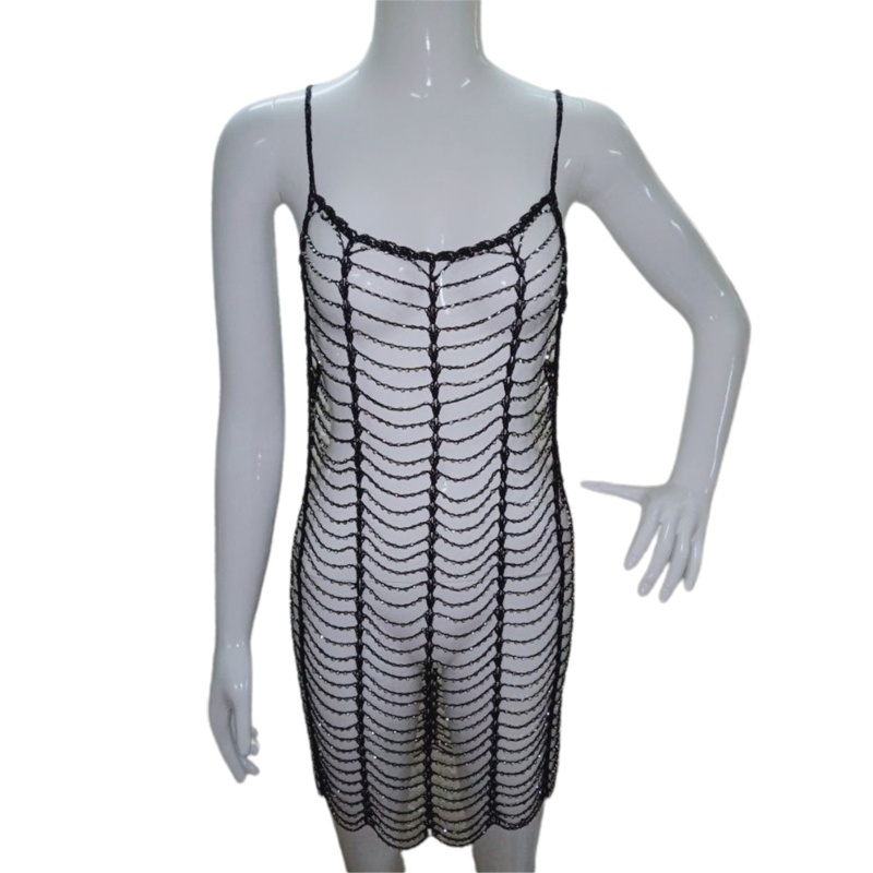 Brroa Đầm Dây Mảnh Mini Ôm Dáng Đi Biển Đính Đá Pha Lê Gợi Cảm Cho Nữ