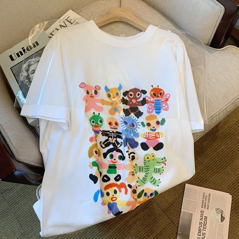 Áo Thun Tay Ngắn Dáng Rộng In Họa Tiết Hoạt Hình Kiểu Hàn Quốc Thời Trang Mùa Hè Cho Nữ