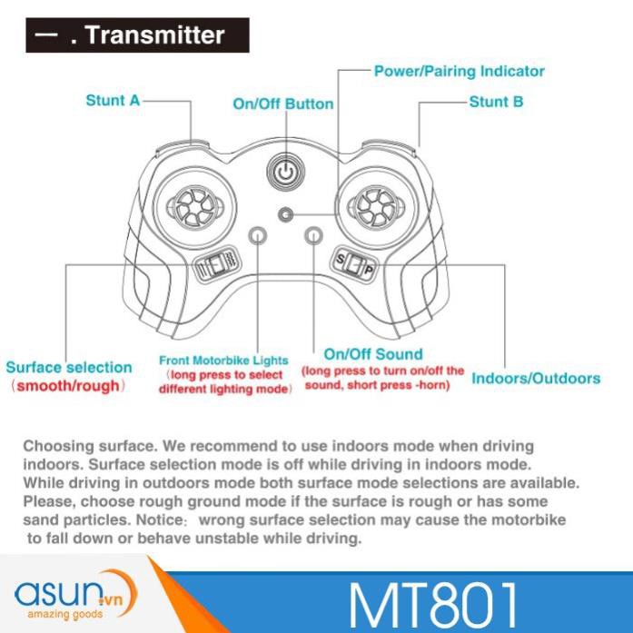 Xe Mô Tô Điều Khiển Từ Xa MT801 Bốc Đầu Gyro tự cân bằng 1:6