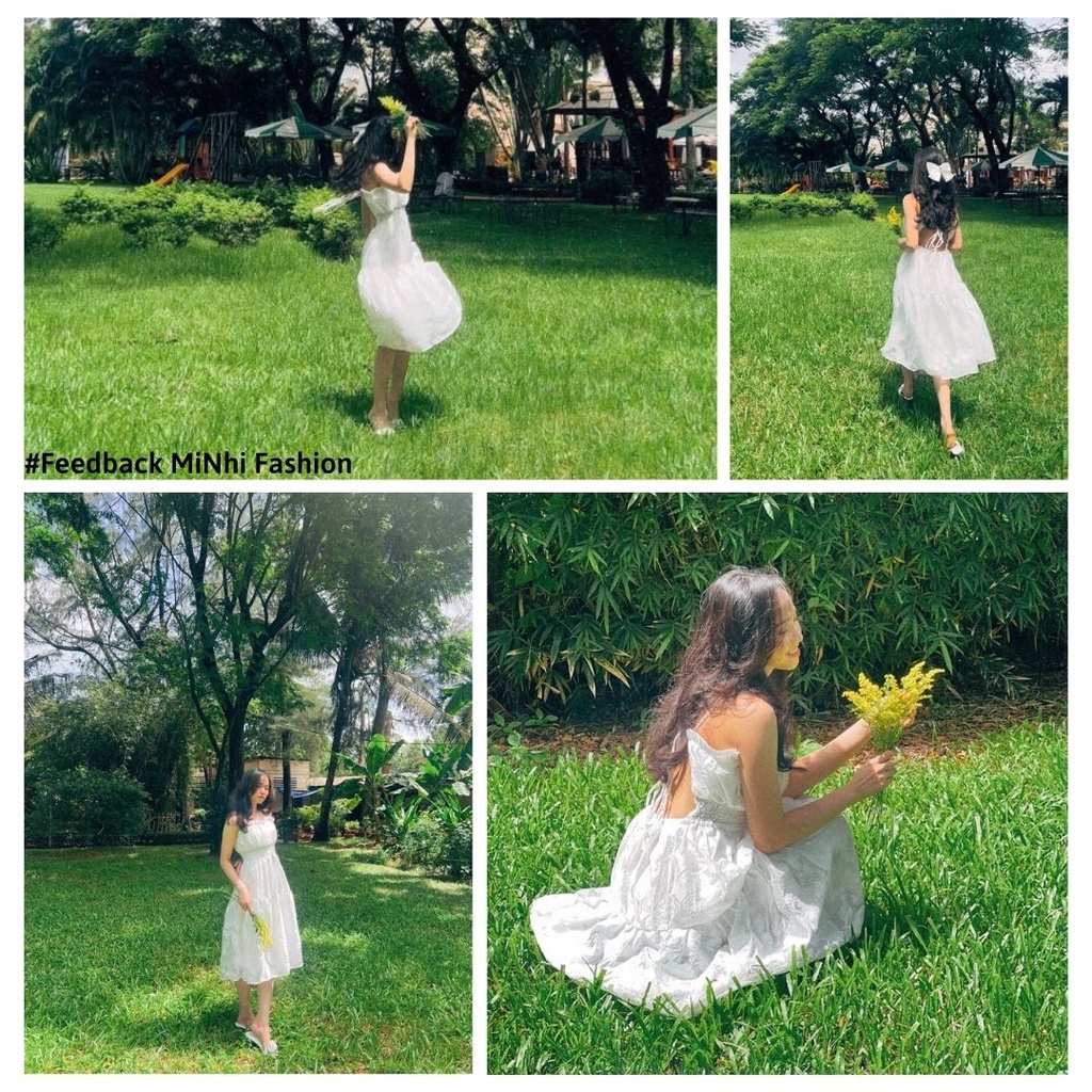 Đầm maxi 2 dây, Đầm trắng hở lưng đi biển Cao Cấp hàng loại 1, nữ tính dáng xòe dài qua gối, vải dày dặn 2 lớp - MiNhi