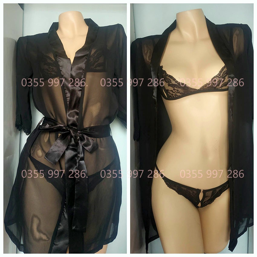 Áo Choàng Ngủ Kèm Set Bikini Cao Cấp, Set Đồ Ngủ Sexy Xuyên Thấu Gồm Áo Choàng + ĐỒ Lót Mã ACBI001, Màu đen,trắng TKVN | BigBuy360 - bigbuy360.vn