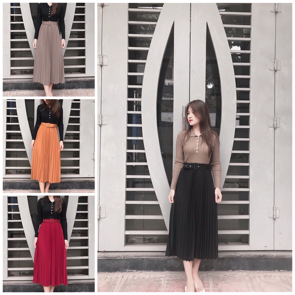 Chân Váy Dài Xếp Ly Kèm Đai Cao Cấp