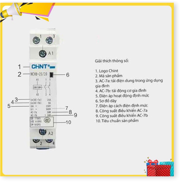 Khởi động từ 1 pha CHINT NCH8 25A chịu tải cho các công tắc thông minh, An toàn, Dễ dàng sử dụng, Bảo hàng Uy tín