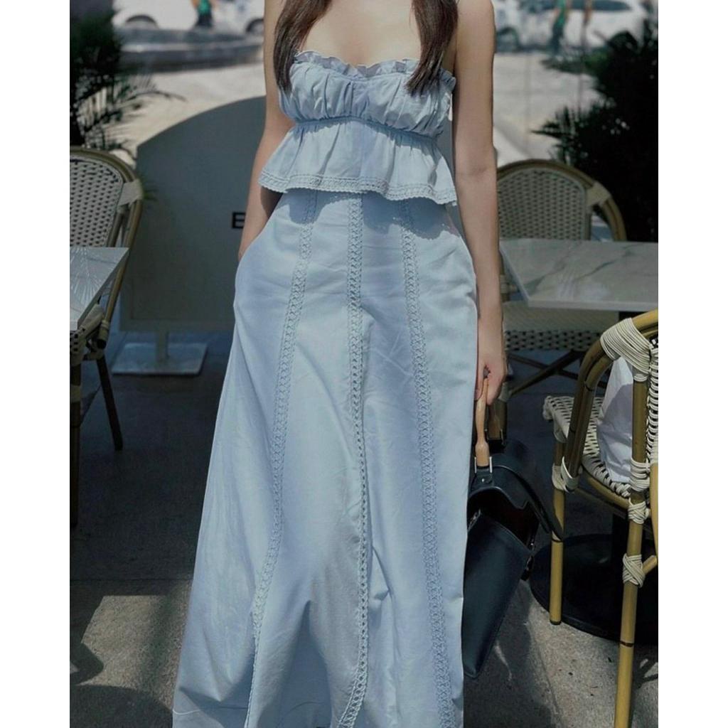 SET ÁO PEPLUM XANH BÈO 2 DÂY + CHÂN VÁY MIDI XÒE