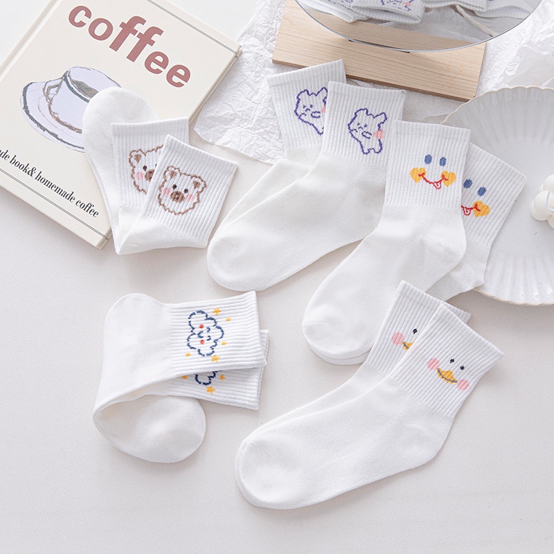 Vớ WAFNHA D544 màu trắng họa tiết đám mây/ gấu/ thỏ/ vịt hoạt hình đáng yêu dành cho bé gái