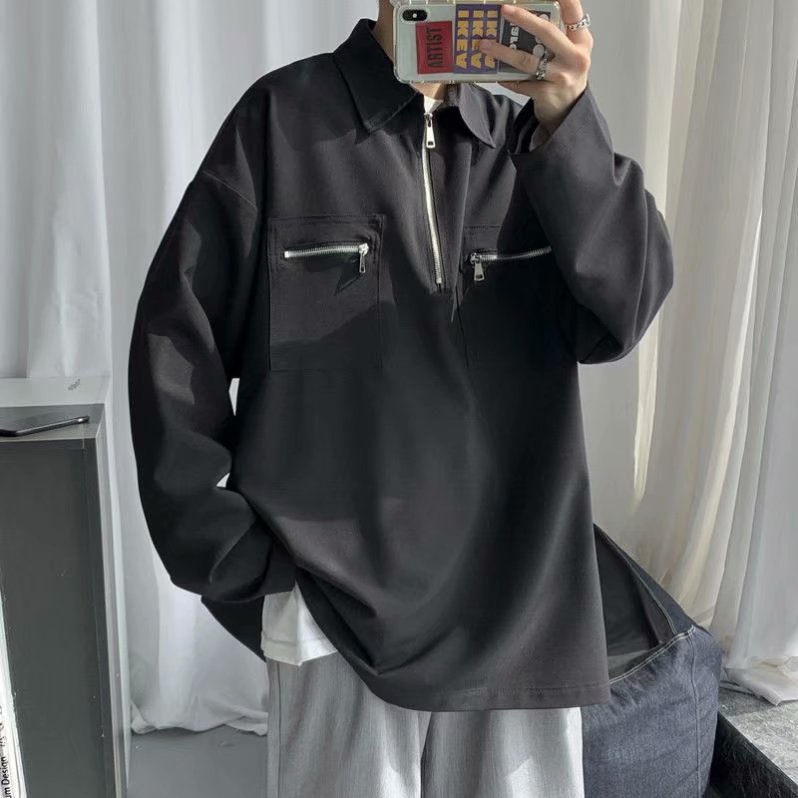 Áo Sơ Mi Cổ Polo Dáng Rộng Màu Trơn Thời Trang Hàn Quốc Cho Nam