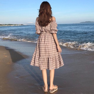 (SẴN XANH) Váy kẻ trễ vai dáng dài