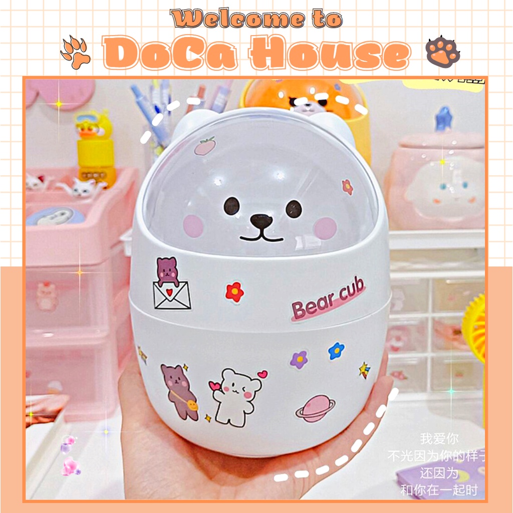 Thùng rác mini DOCA có nắp đậy để bàn hình gấu mèo, sọt rác mini để bàn dễ thương văn phòng phẩm (tặng sticker)