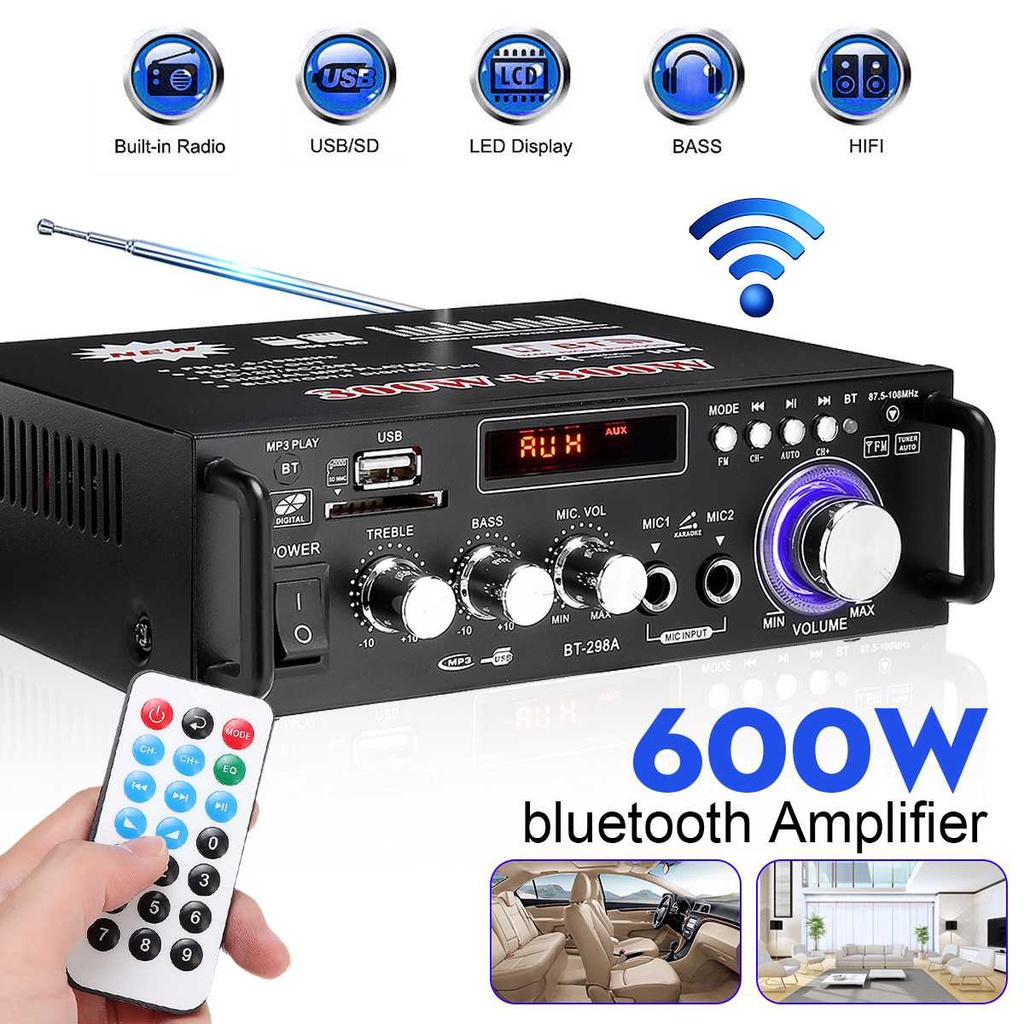 Ampli Mini Ô tô,  Ampli Bluetooth BT-298A Đa Năng, Tự lọc nhiễu tạp âm, Có điều khiển từ xa, Công suất 600W