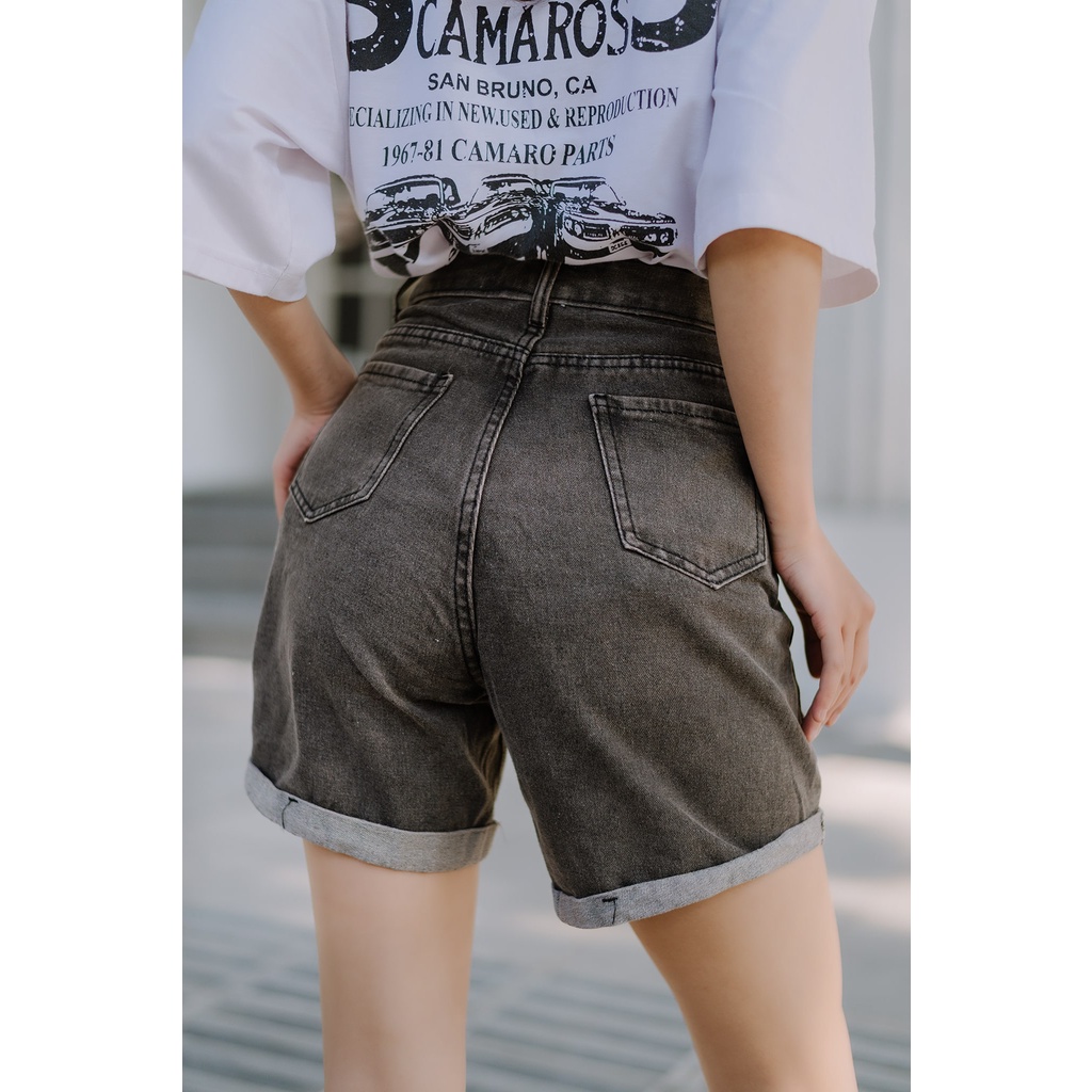 Quần short nữ haiquang Quần short jean nữ cạp cao màu xám đai khuyên -Mã Short HQ02