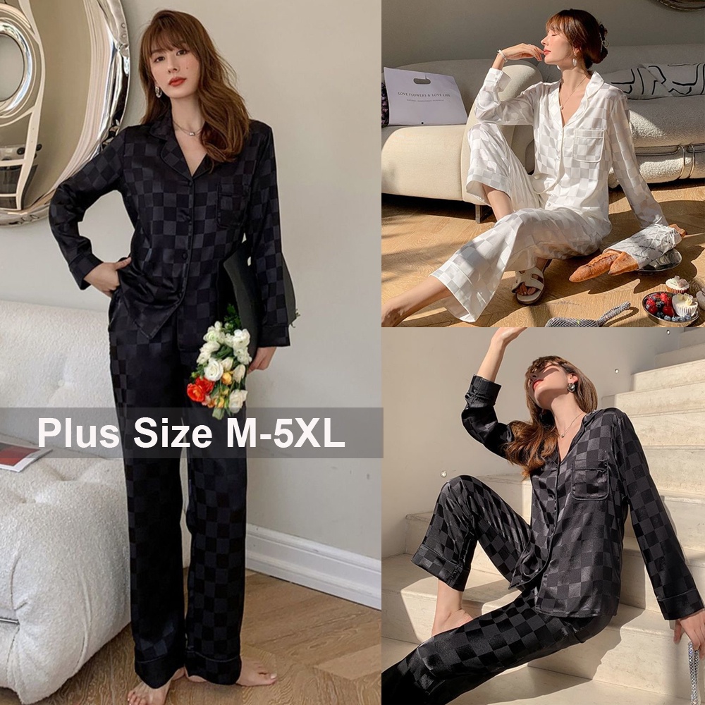 Bộ Đồ Ngủ Tay Dài Vải Lụa Họa Tiết Caro Trắng Đen Chất Lượng Cao Cho Nữ Size M-5XL
