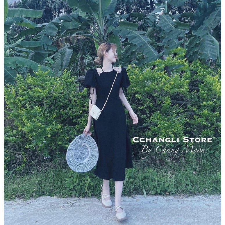 Váy midi cổ yếm tay bồng dáng dài xoè