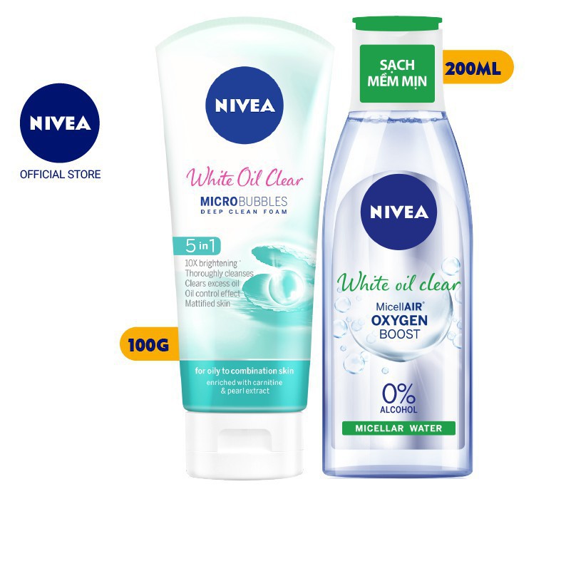 Bộ Đôi Làm Sạch Nivea White Oil Clear Kiểm Soát Nhờn (Sửa Rửa Mặt 100G + Nước Tẩy Trang Không Cồn 200Ml)