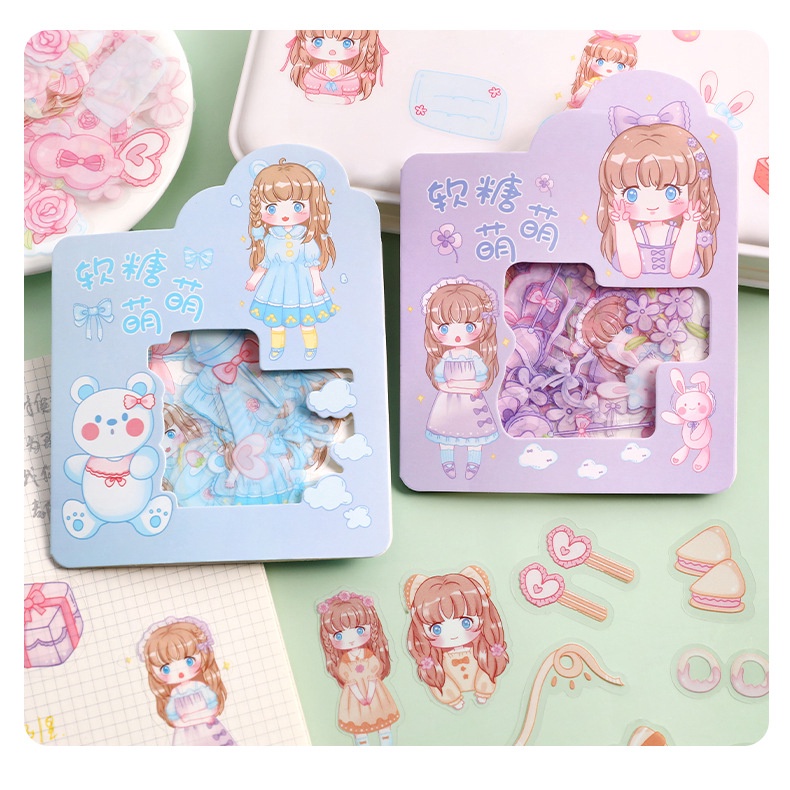 Sticker cute chống nước Set 45 tấm chủ đề Cô gái dễ thương, miếng dán siêu yêu