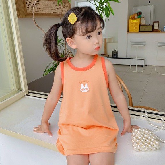 Đầm không tay in họa tiết hoạt hình phong cách Hàn Quốc cho bé gái