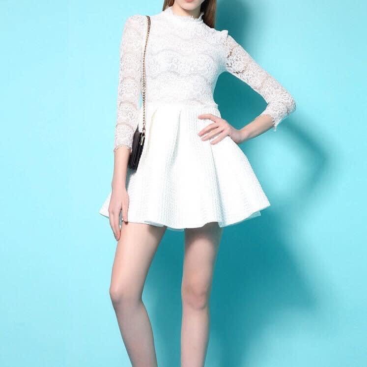 XY792 - Đầm xòe tay lỡ phối ren thu đông hàng nhập