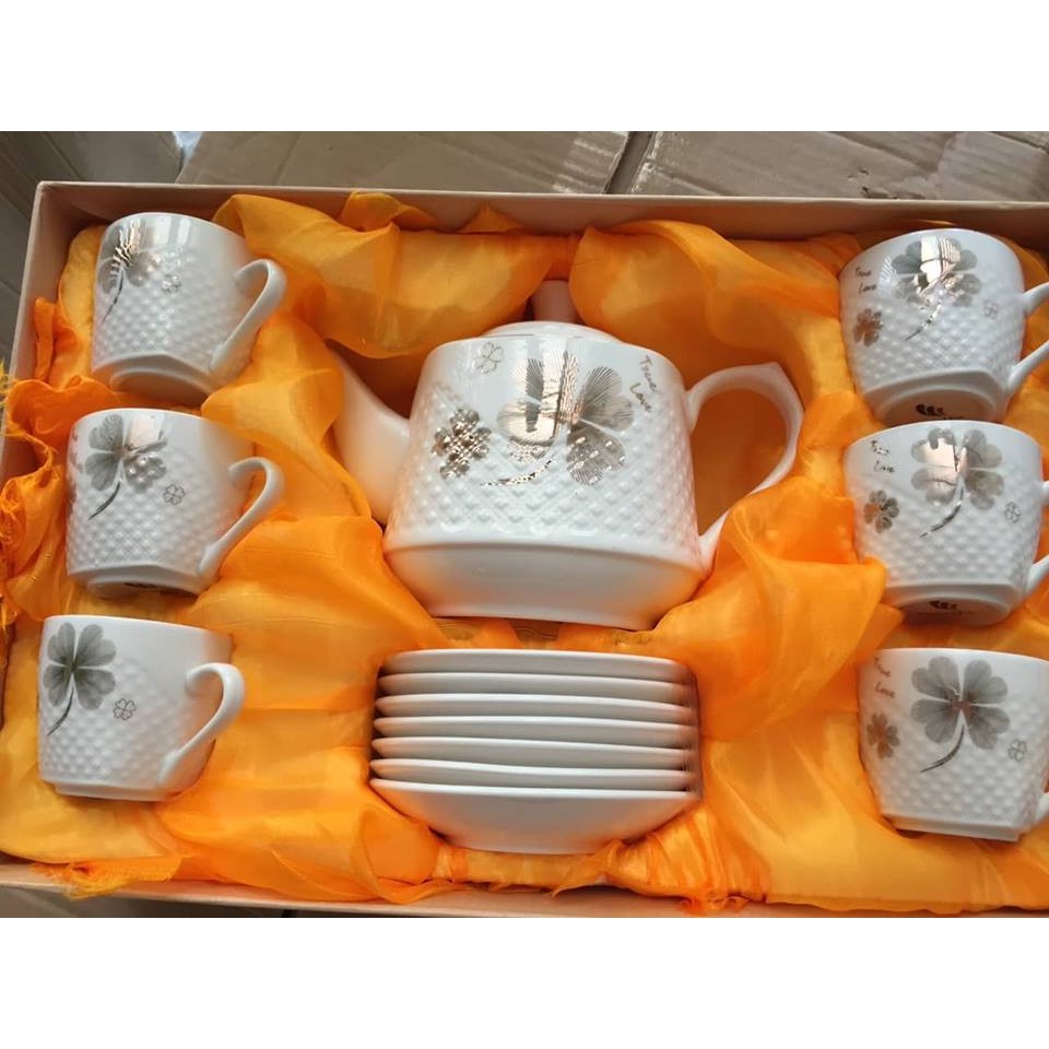 bộ ấm chén sứ hàn quốc họa tiết nổi sần