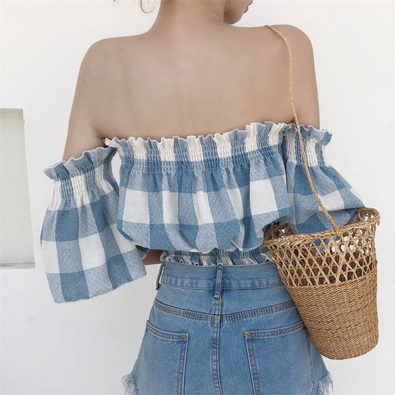 Áo Croptop Tay Ngắn Trễ Vai Sọc Caro Cho Nữ 1the9