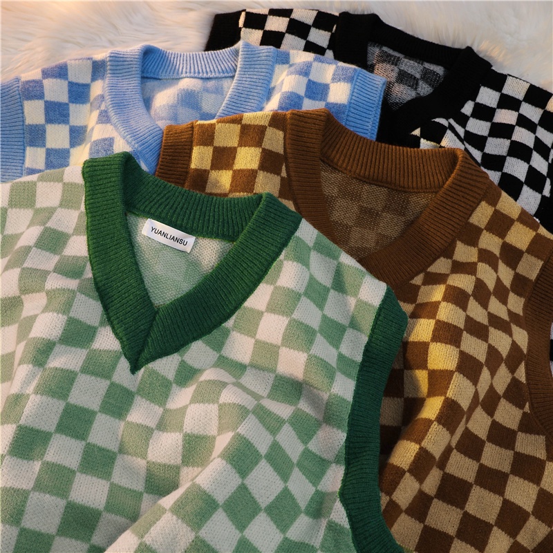 Áo len không tay dáng rộng họa tiết sọc caro thời trang Hàn quốc
