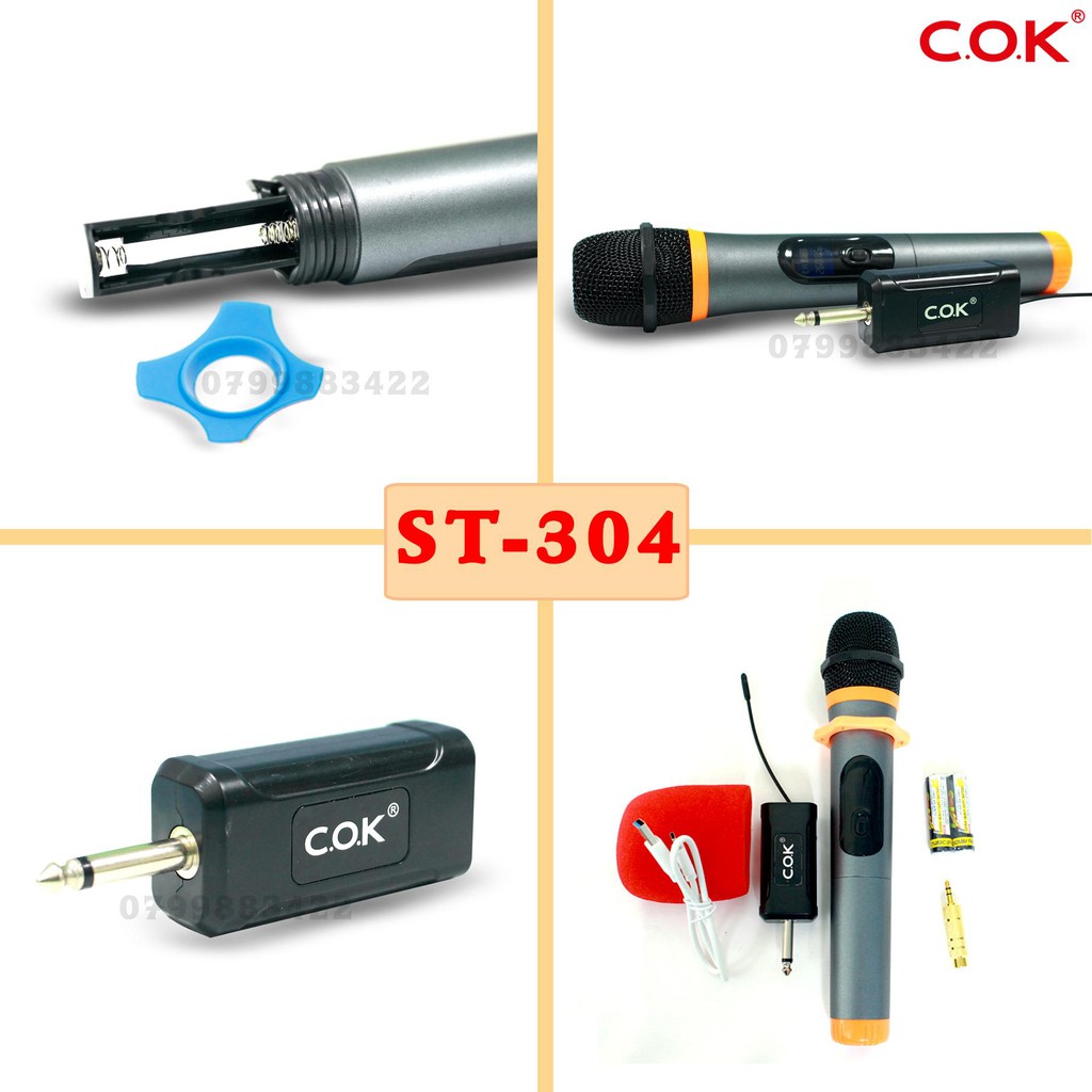 Micro Không Dây Phù Hợp Với Mọi Nhà C.O.K ST-304 (1 Micro) [Jack 6.5, đầu Thu Mini, Cáp Sạc, Dành Cho Loa Kéo, Dàn Âm Ly