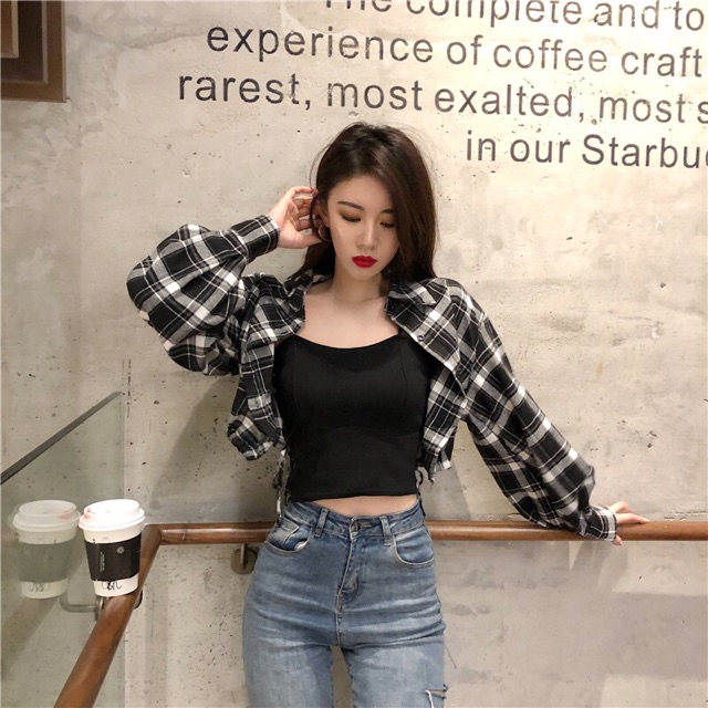 (Order/Video thật) Áo croptop sơ mi kẻ caro dài tay sexy cá tính ulzzang