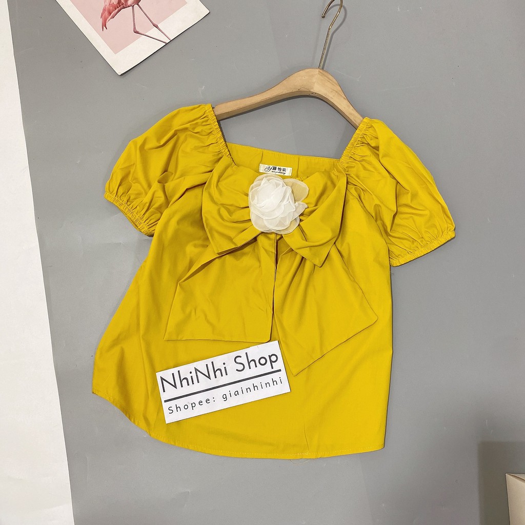 Áo kiểu thô nơ ngực kèm hoa cài, Áo thô mềm vai bồng cài hoa AS1381 - NhiNhi Shop