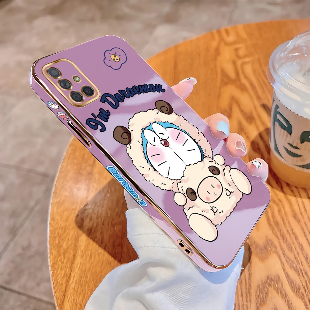 For Samsung Galaxy A71 5G A51 A31 A21s A11 M11 Soft Cover Cute Cartoon Doraemon Cat Sheep Square Edge Casing Luxury Plating TPU Phone Case