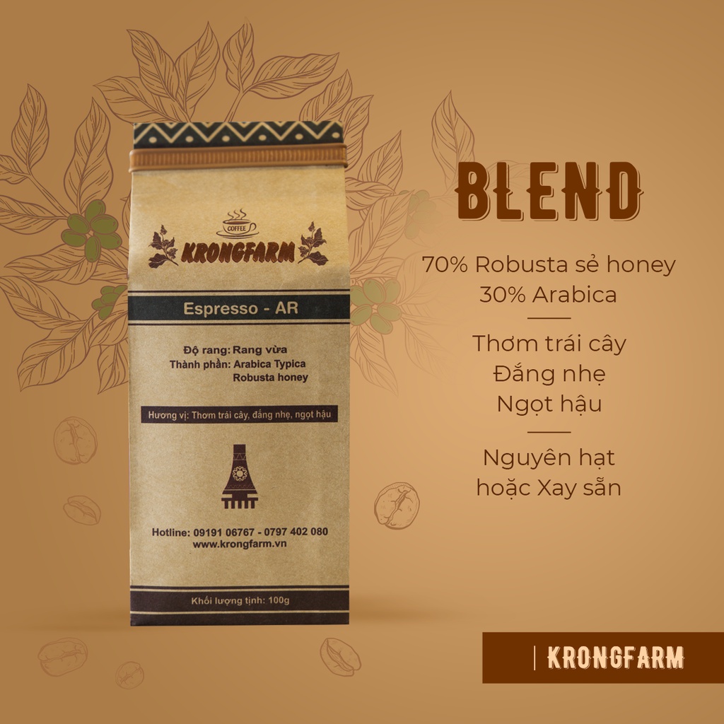 Cà phê sạch KrongFarm Arabica + Robusta sẻ (Blend)