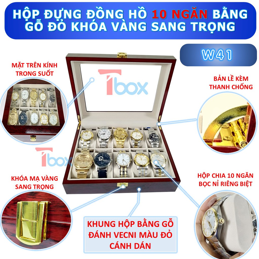 Hộp đựng đồng hồ 🔥FREESHIP🔥 Hộp đựng 10 đồng hồ bằng gỗ màu đỏ đun bên trong bằng nhung ảnh thật