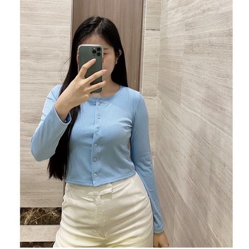 Áo thun Croptop ôm body Tay Dài nữ khuy cúc phong cách Ulzzang,Áo khoác nhẹ kiểu dáng croptop cá tính