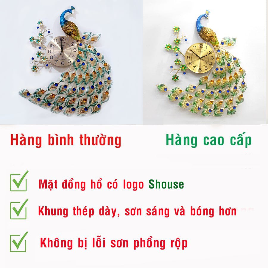 Đồng Hồ Treo Tường Con Chim Công Khổng Tước xanh Shouse A68 Trang Trí hiện đại kim trôi