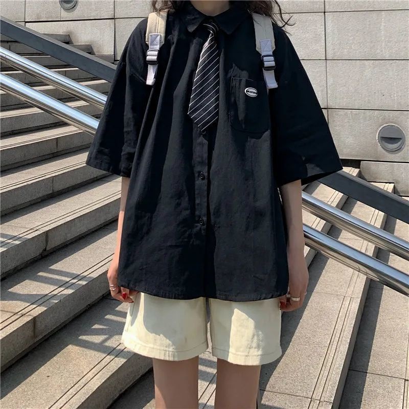 Short-sleeved sun-proof shirt embroidered outerwear student shirt college style Korean style tie loose 2021 summer women's wear 04m7