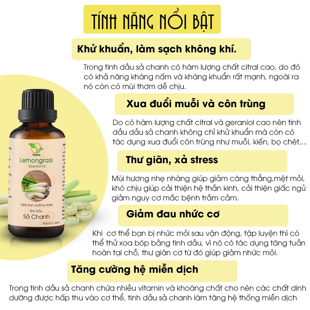 Tinh dầu Sả Chanh 50ml nguyên chất TAMAS, Tinh dầu thơm phòng, treo xe Ô tô, dùng cho đèn xông, máy khuếch tán tinh dầu