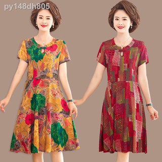 ☾Váy lụa cotton che bụng trung niên và cao tuổi mùa hè 2021 quý bà mới đón 50 - của mẹ