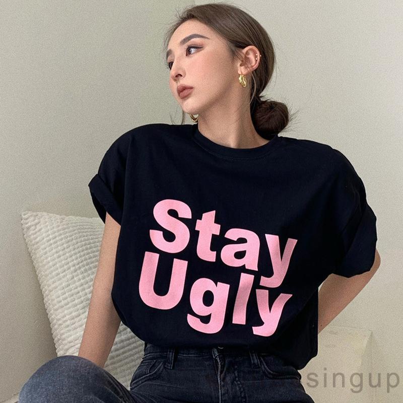 DRE-Women Summer Short Sleeve T-shirts,Letter Print Loose Casual Tops