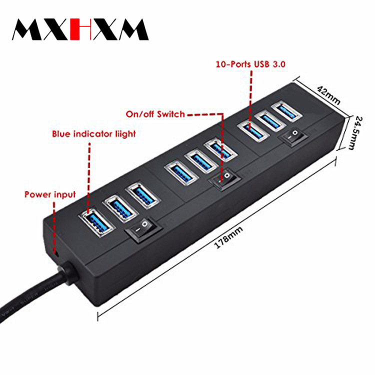 High-Speed USB 3.0 10 Ports with 3 Switches Hub Concentrator USB Deconcentrator One Drag Ten Extension 3.0hub