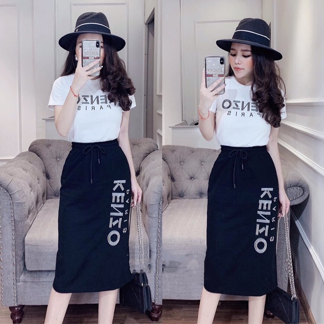 Set áo thun + váy đen body in chữ KZ cực xinh xắn ❤️